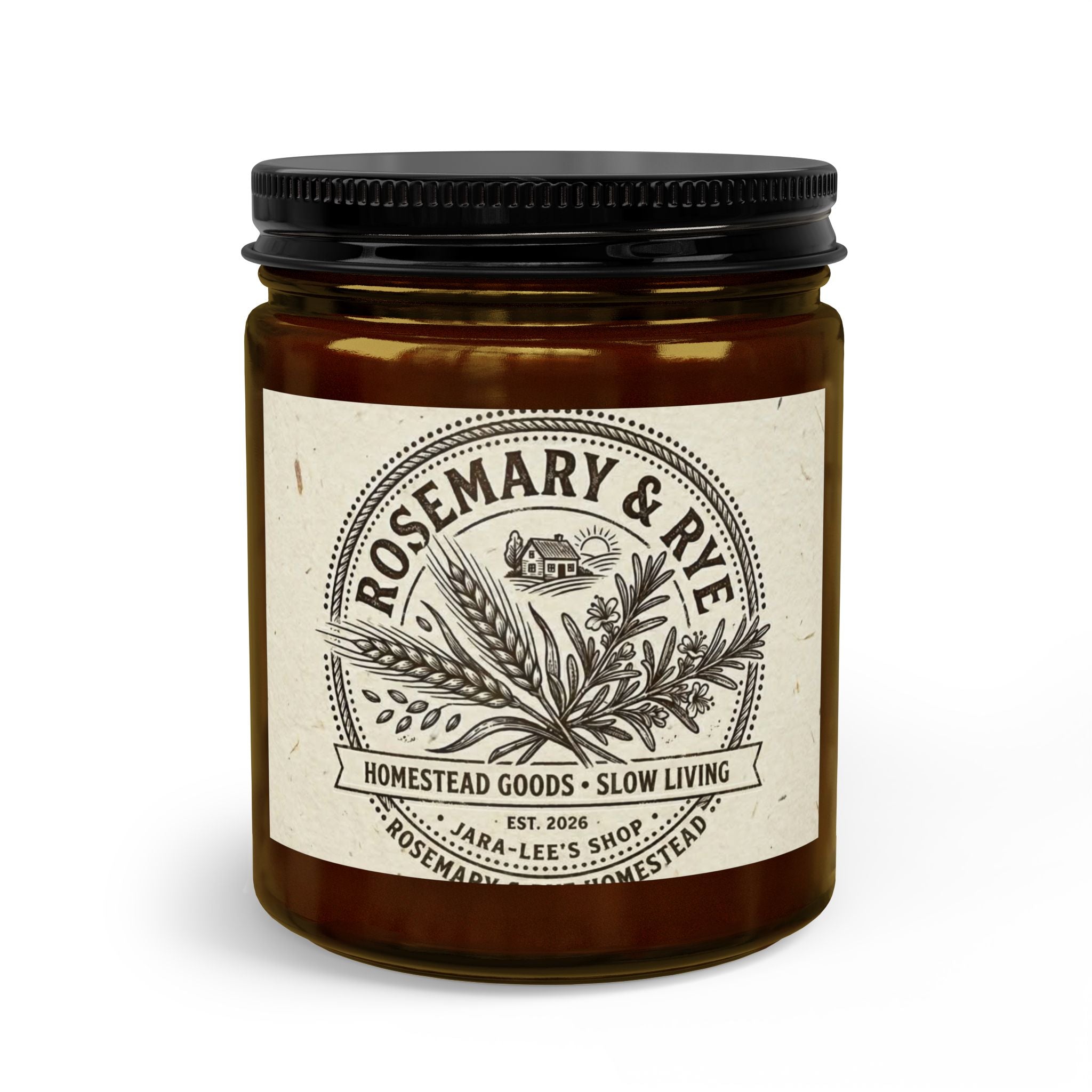 Rosemary & Rye Scented Candle Set — Amber Jar with Matches & Wick Trimmer