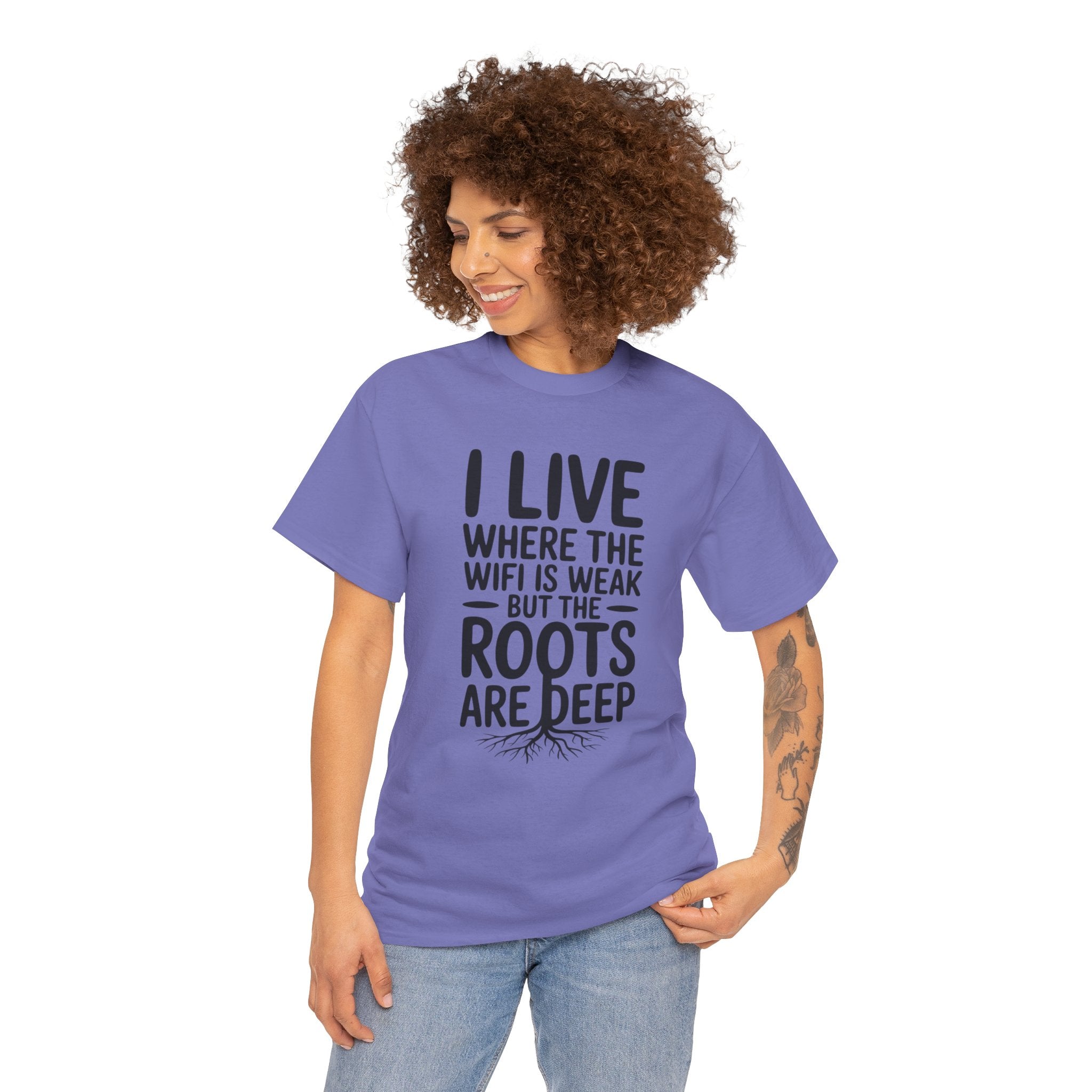 Rural Roots Tee — "I live where the WiFi is weak but the roots are deep" Cotton Shirt