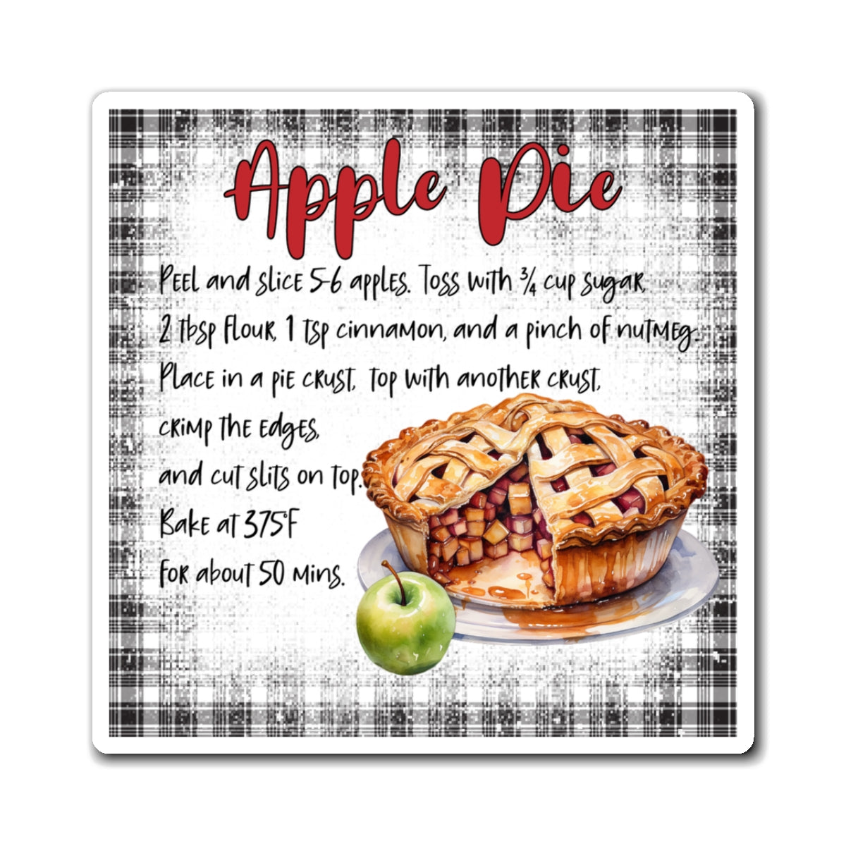 Apple Pie Recipe Magnet — Vintage Plaid Kitchen Magnet with Recipe