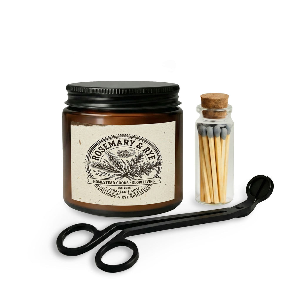 Rosemary & Rye Scented Candle Set — Amber Jar with Matches & Wick Trimmer