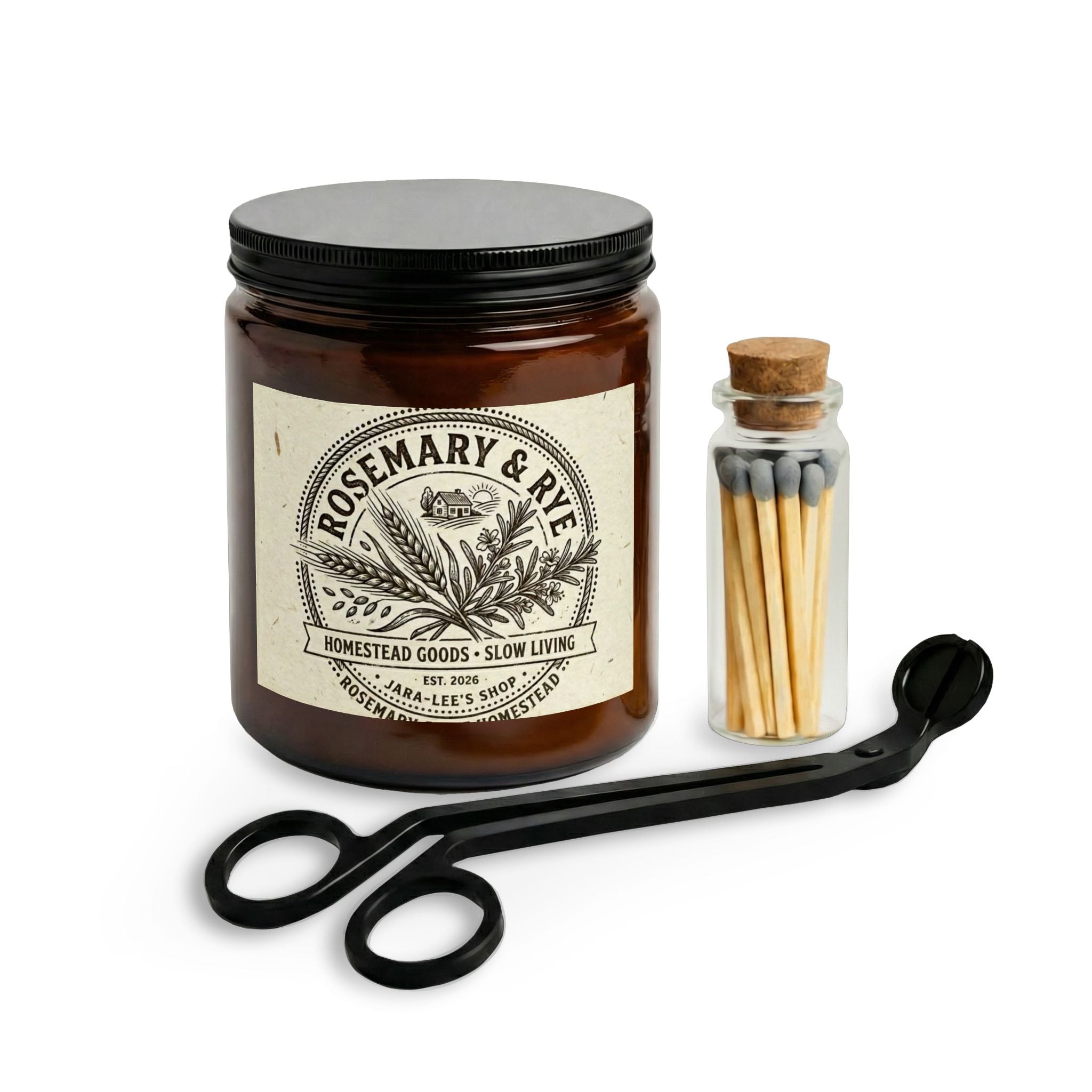 Rosemary & Rye Scented Candle Set — Amber Jar with Matches & Wick Trimmer