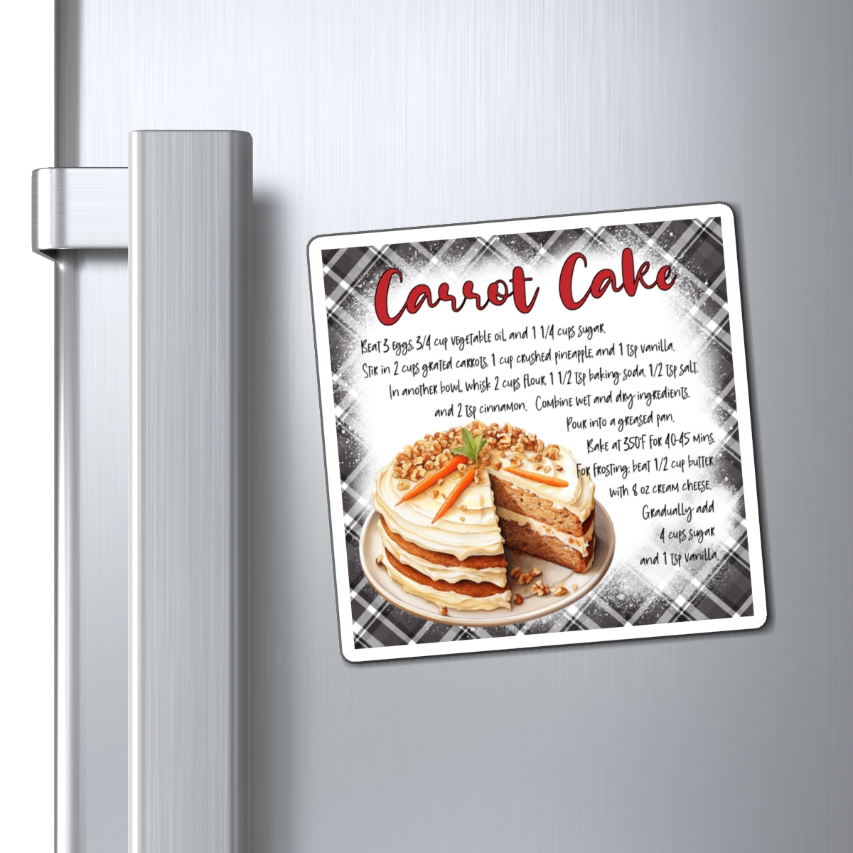 Carrot Cake Recipe Magnet — Retro Plaid Kitchen Refrigerator Decor