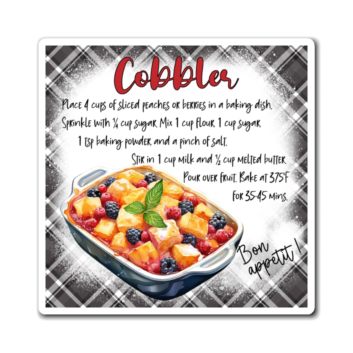 Cobbler Recipe Refrigerator Magnet — Vintage Plaid Kitchen Decor