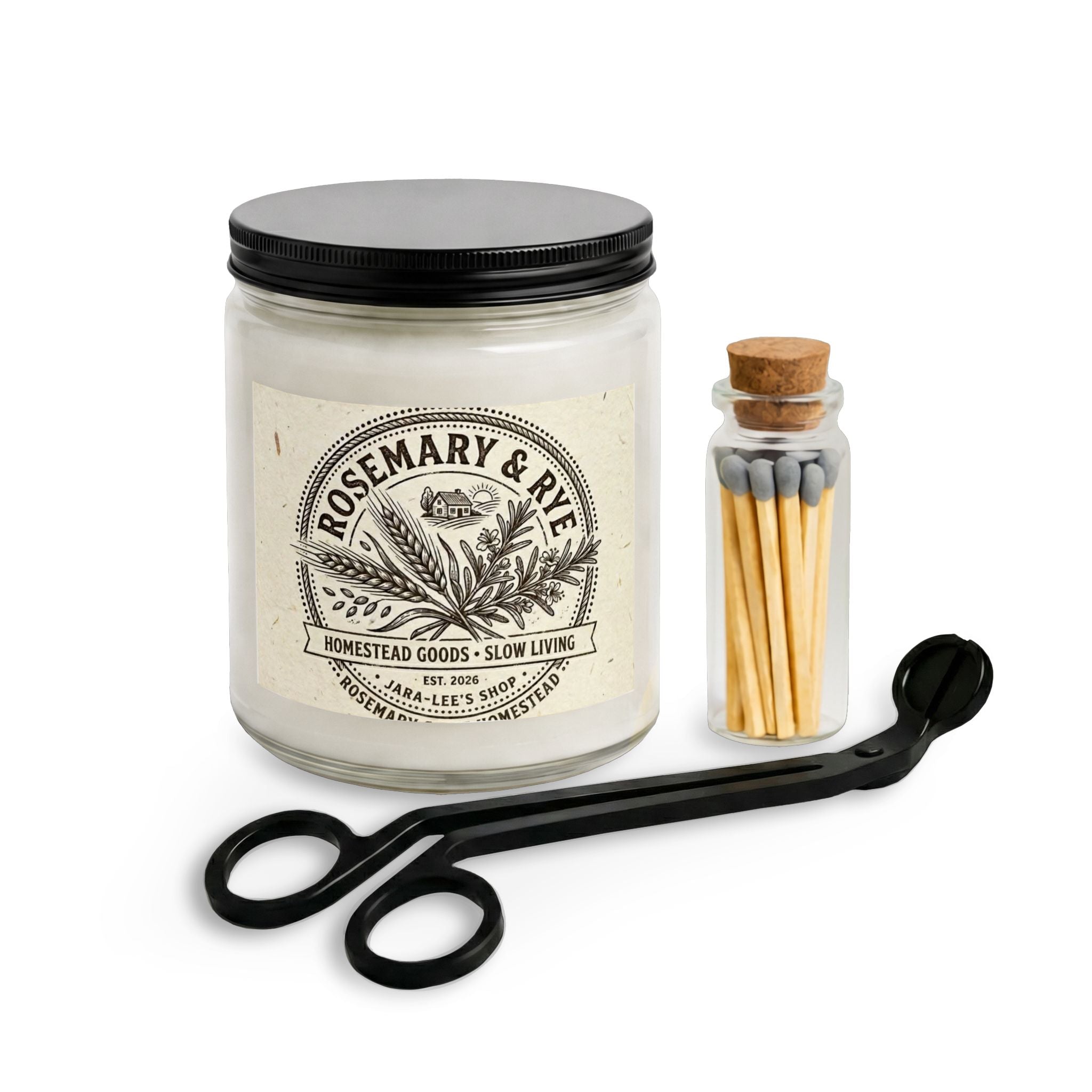 Rosemary & Rye Scented Candle Set — Amber Jar with Matches & Wick Trimmer