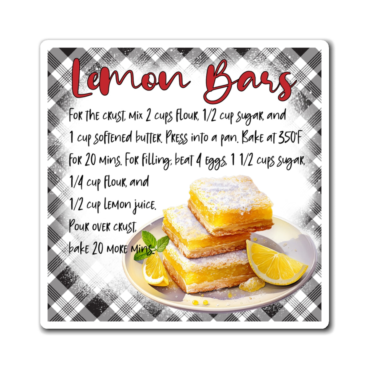 Lemon Bars Recipe Magnet — Vintage Kitchen Recipe Fridge Magnet